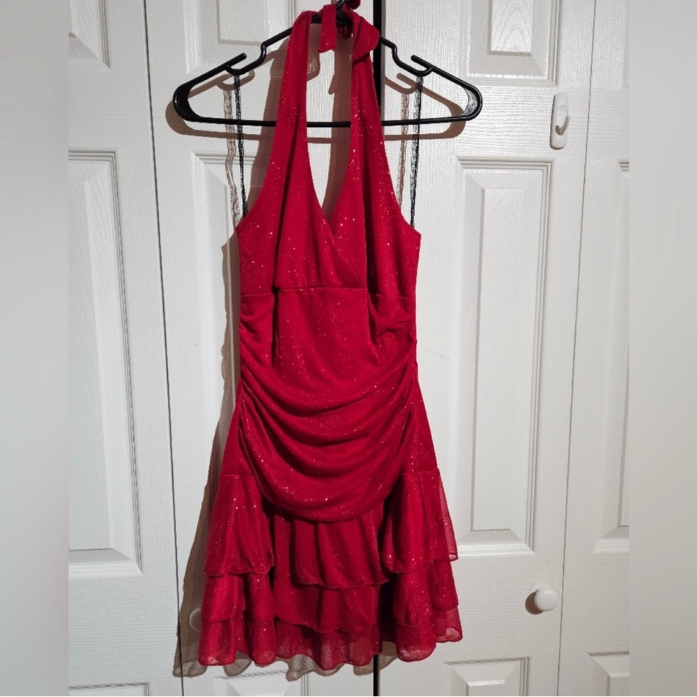 Y2K Red Sparkly Halter Mini Dress Ruffles Holiday / Christmas